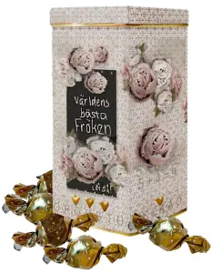 Plåtburk Världens bästa Fröken, med chokladpraliner