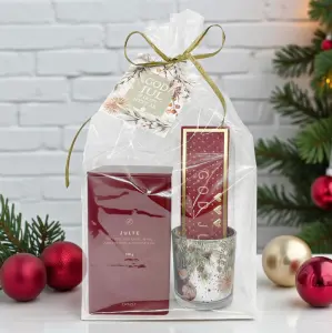 Presentset God Jul i cellofan, Te, praliner, lykta och kort