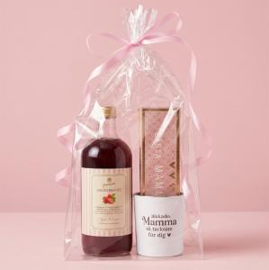 Presentset Mamma, i cellofan, saft, lykta & chokladpraliner