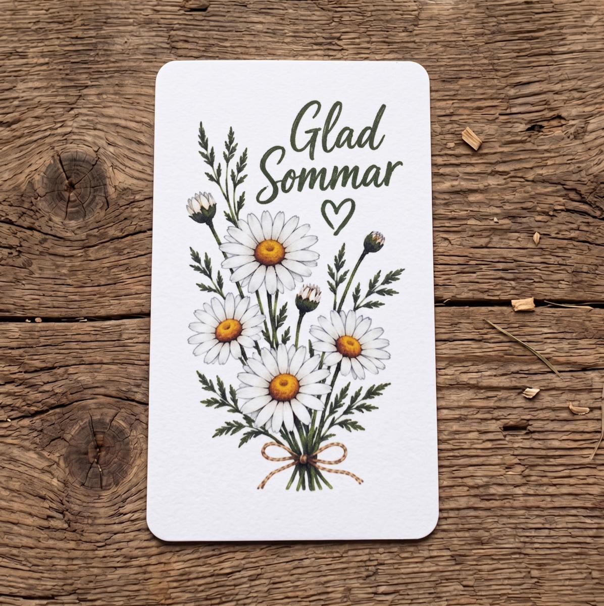 Paketkort Glad Sommar (bukett prästkragar), 5,5 x 9cm