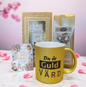 Presentset Du är guld värd (mugg, praliner, te och kort)