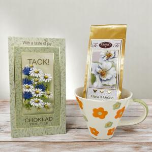 Presentset Tack (mugg, chokladpraliner och te)