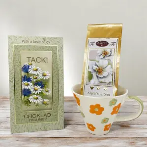 Presentset Tack (mugg, chokladpraliner och te)