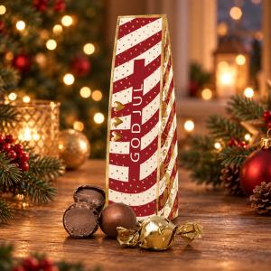 Chokladh&auml;lsning God Jul, r&ouml;d/vit randig