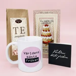 Presentset Fr&ouml;ken (mugg, te, praliner och kort)
