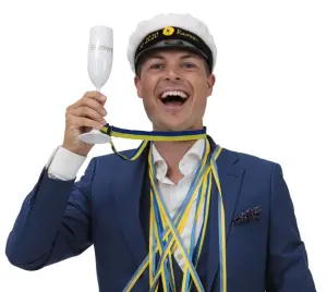Champagneglas med blå/gult band