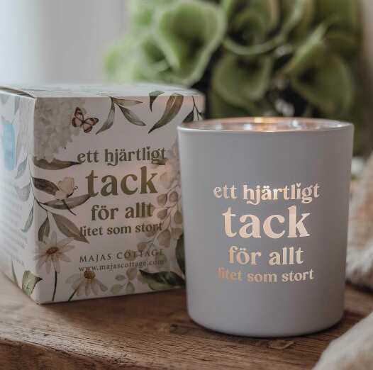 Ljuslykta Ett hjärtligt tack, från Majas lyktor säljs till förmån för Barncancerfonden