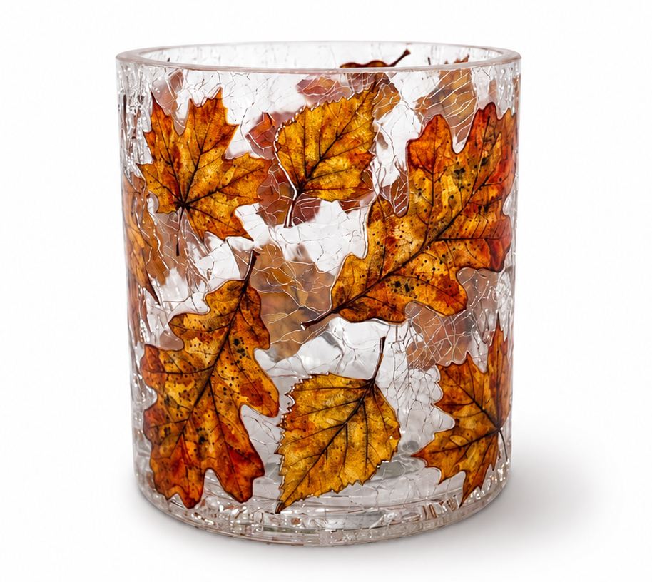 Ljuslykta Autumn Forest Leaves, från Majas lyktor säljs till förmån för Barncancerfonden