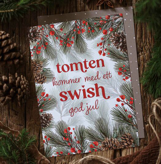Julkort Tomten kommer med en Swish, från Majas lyktor säljs till förmån för Barncancerfonden