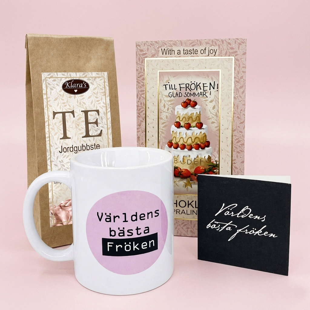 Presentset Fröken (mugg, te, praliner och kort)