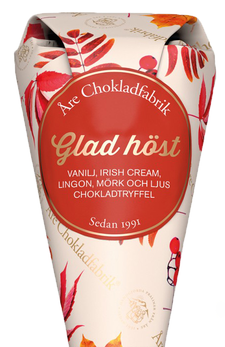Glad höst-praliner förpackade i en dekorativ strut, från Åre Chokladfabrik