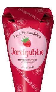 Jordgubbstryffel doppad i vit choklad förpackad i en dekorativ strut, från Åre Chokladfabrik