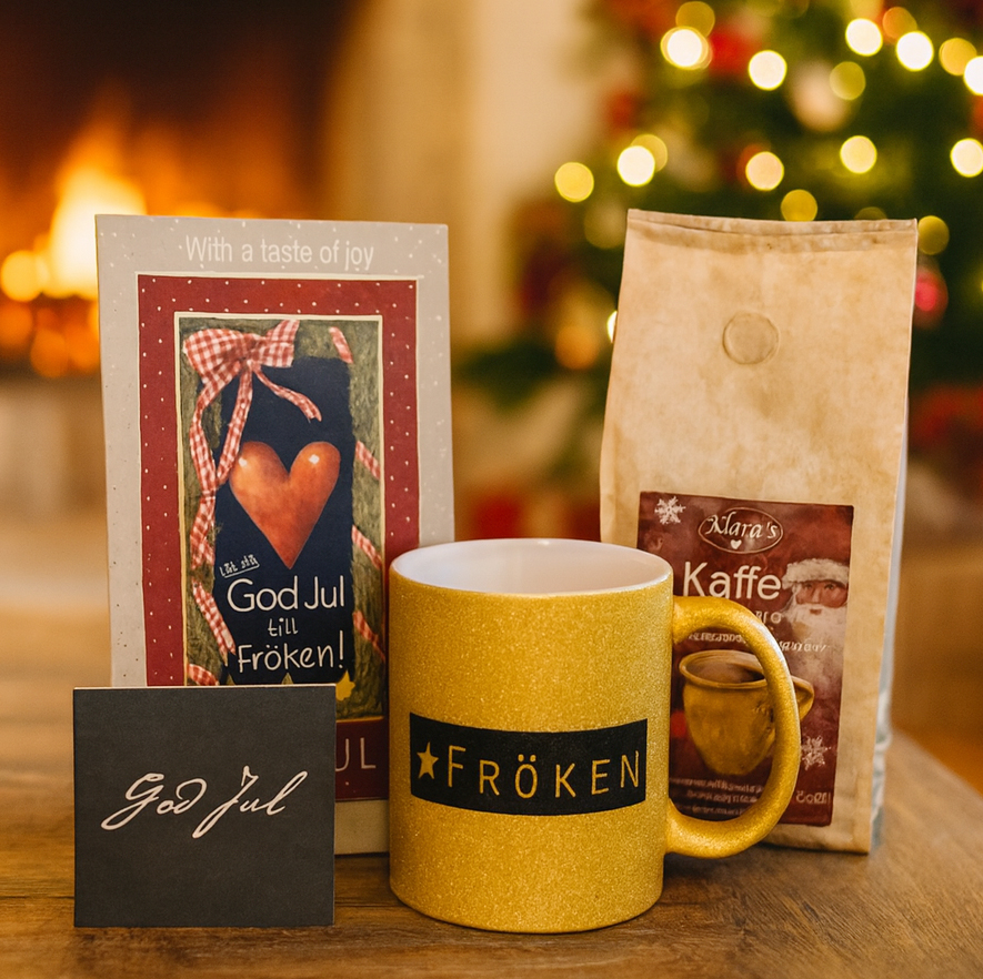 Presentset God Jul Fröken, praliner, kaffe, mugg & kort