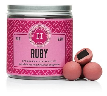 Haupt Lakrits - Ruby, salt lakrits doppad i rosa choklad och pistagentter.