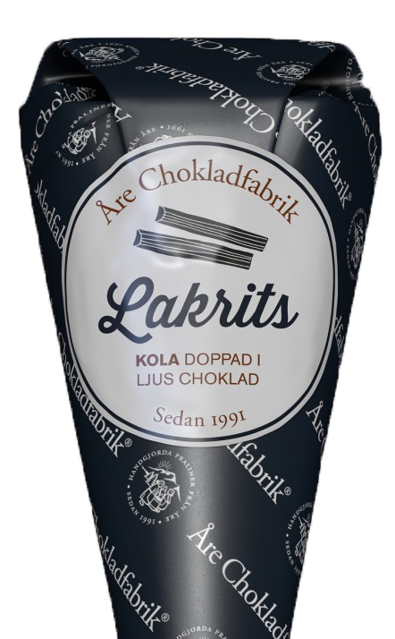 Lakritschokladkola doppad i ljus choklad, chokladpraliner frn re Chokladfabrik