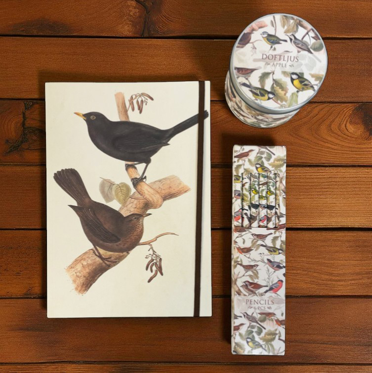 Presentset Birds, Anteckningsbok, pennor & doftljus