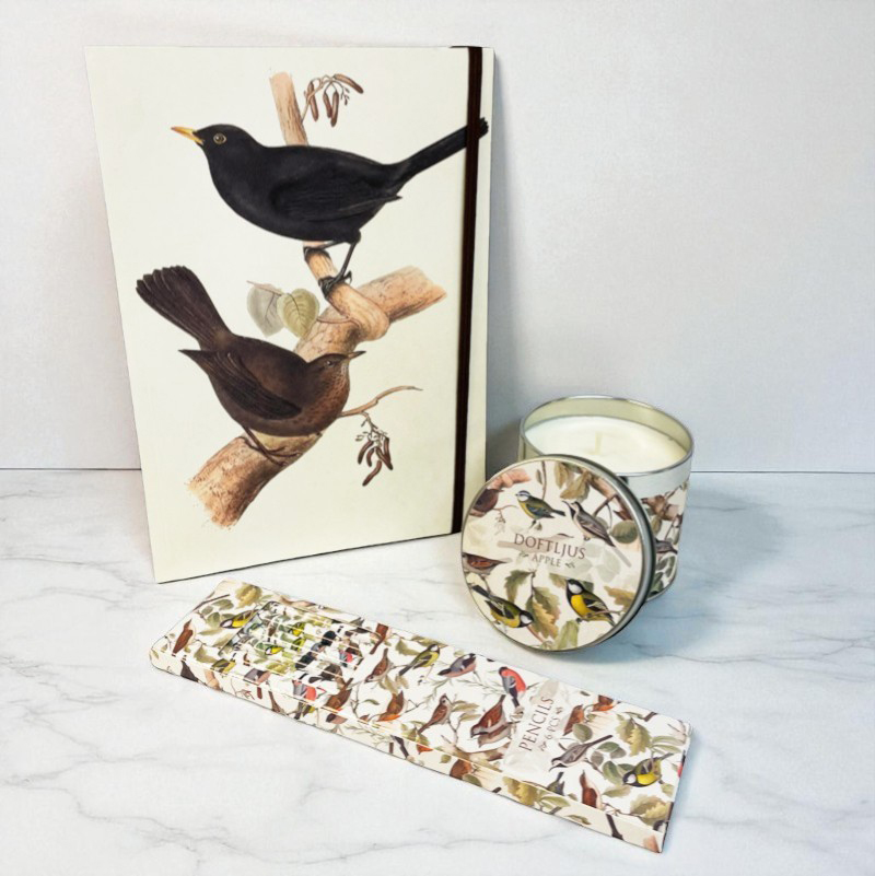 Presentset Birds, Anteckningsbok, pennor & doftljus