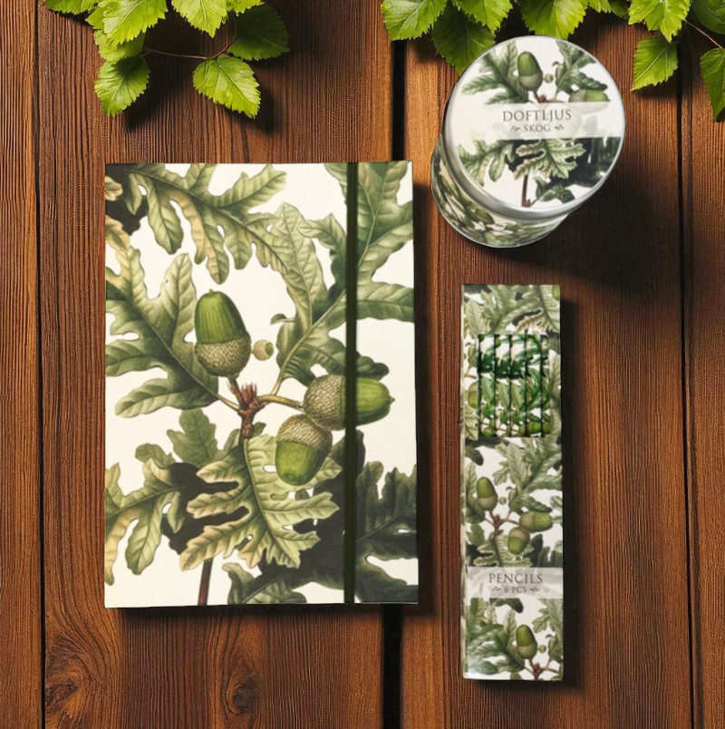 Presentset Ekollon, Anteckningsbok, pennor & doftljus