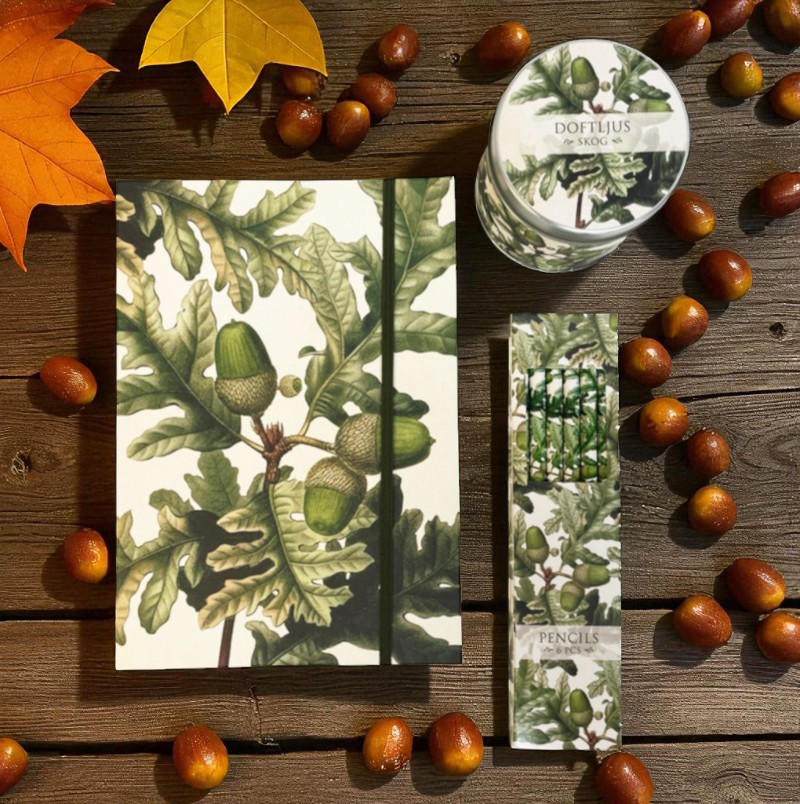 Presentset Ekollon, Anteckningsbok, pennor & doftljus