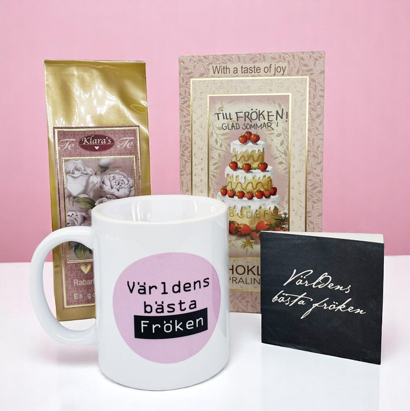 Presentset Fröken (mugg, te, praliner och kort)