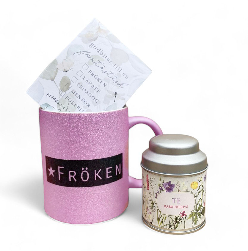 Presentset Fröken, rosa mugg, te, karameller