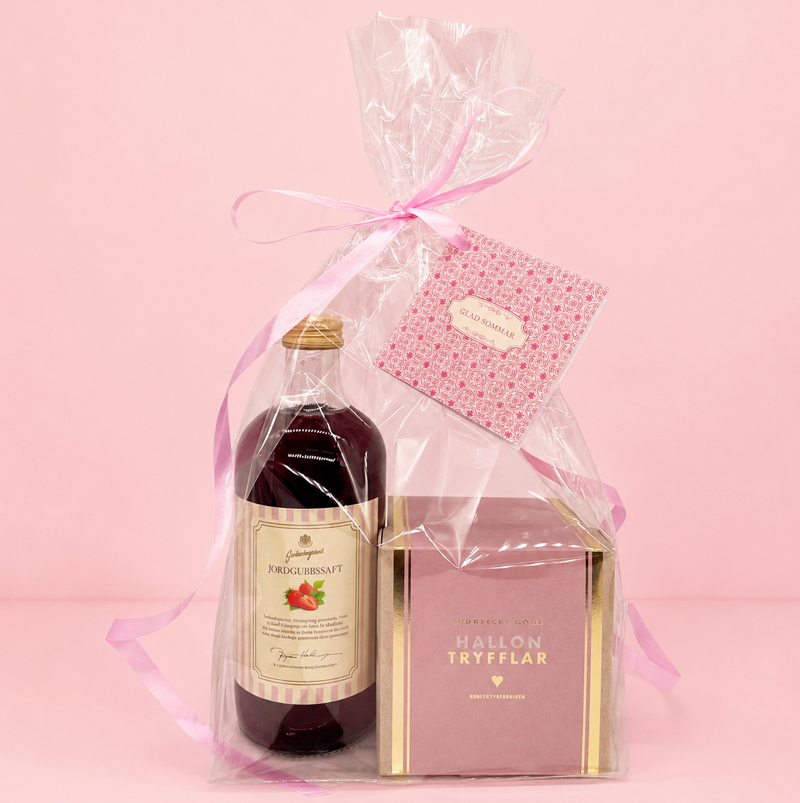 Presentset Glad Sommar i cellofan, saft & hallontryfflar 