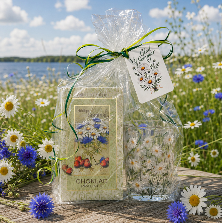 Presentset Härliga Sommar i cellofan (Chokladpraliner och ljuslykta)