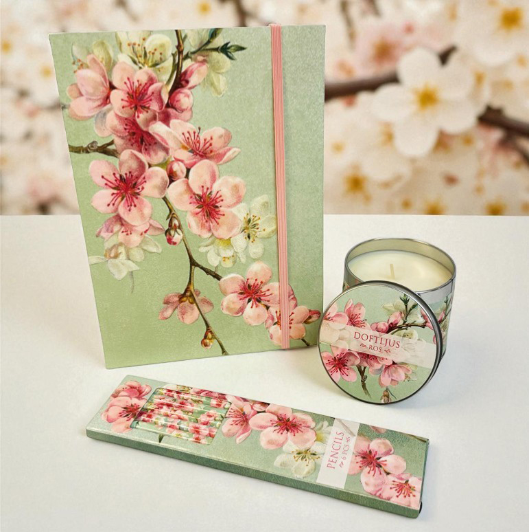 Presentset Körsbärsblomma, Anteckningsbok, pennor & doftljus