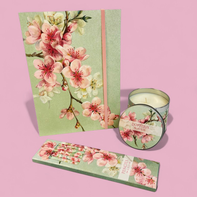 Presentset Körsbärsblomma, Anteckningsbok, pennor & doftljus
