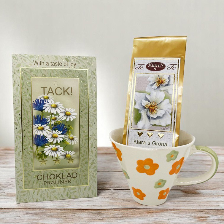 Presentset Tack (mugg, chokladpraliner och te)