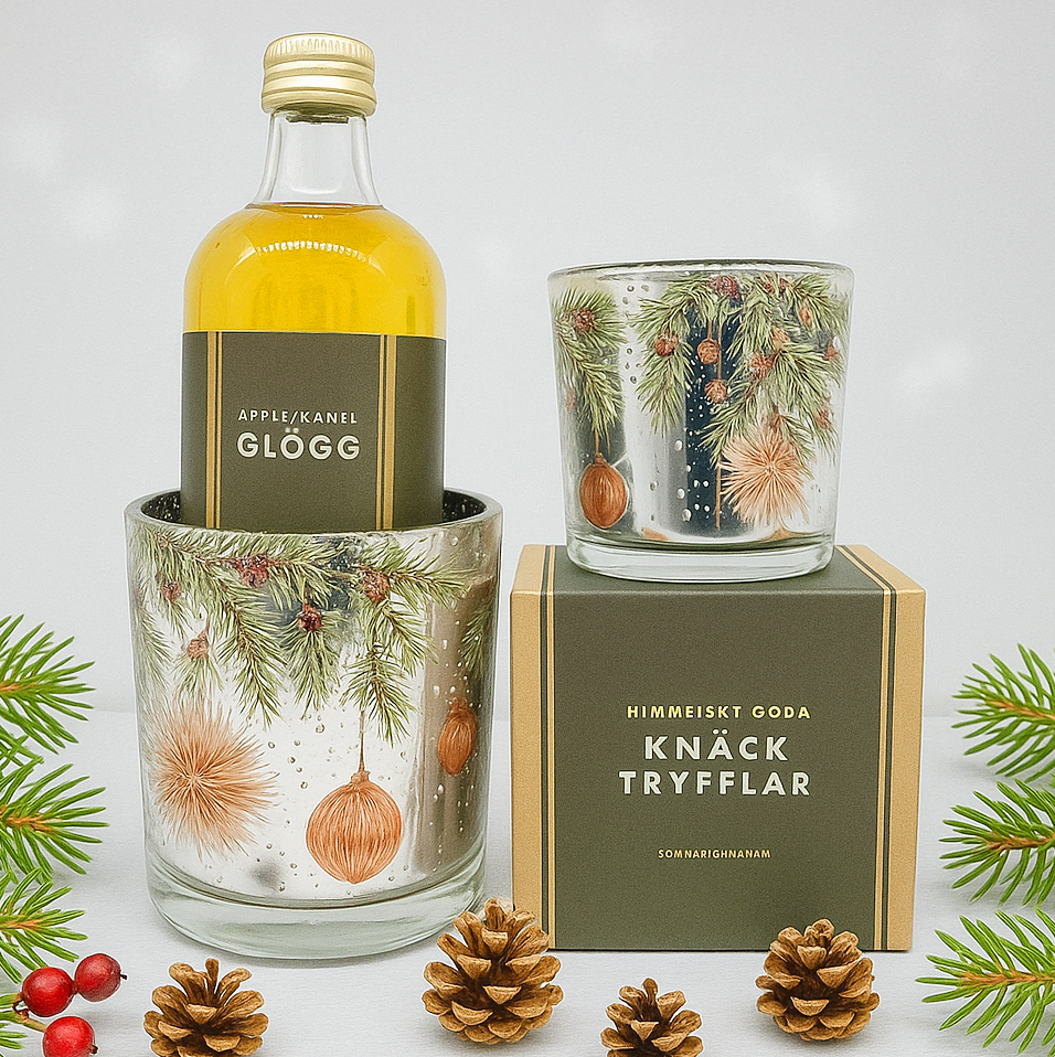 Presentset God Jul i cellofan, Glögg, Knäcktryfflar och ljuslyktor