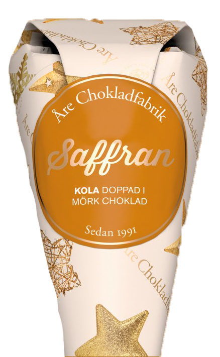 Saffranstryffel doppad i mrk choklad, chokladpraliner frn re Chokladfabrik