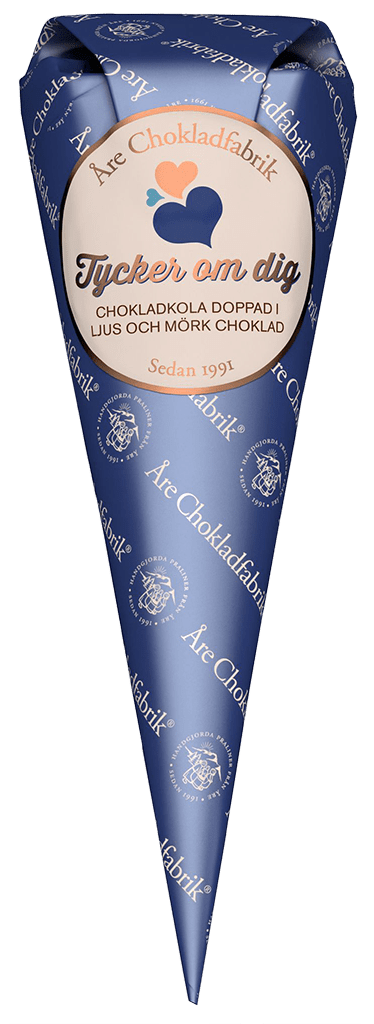 Chokladstrut, Tycker om dig, med blandade ljusa och mörka chokladkolor från Åre Chokladfabrik