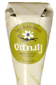 Vaniljtryffel doppad i vit choklad, chokladpraliner från Åre Chokladfabrik